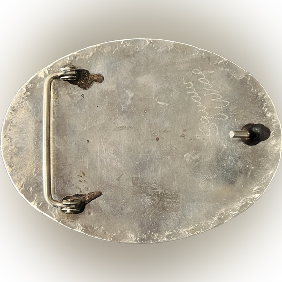 Hand Crafted SQUAW WRAP Signed Silver Belt Buckle Turquoise Coral Cowboy Horse - Picture 4 of 7